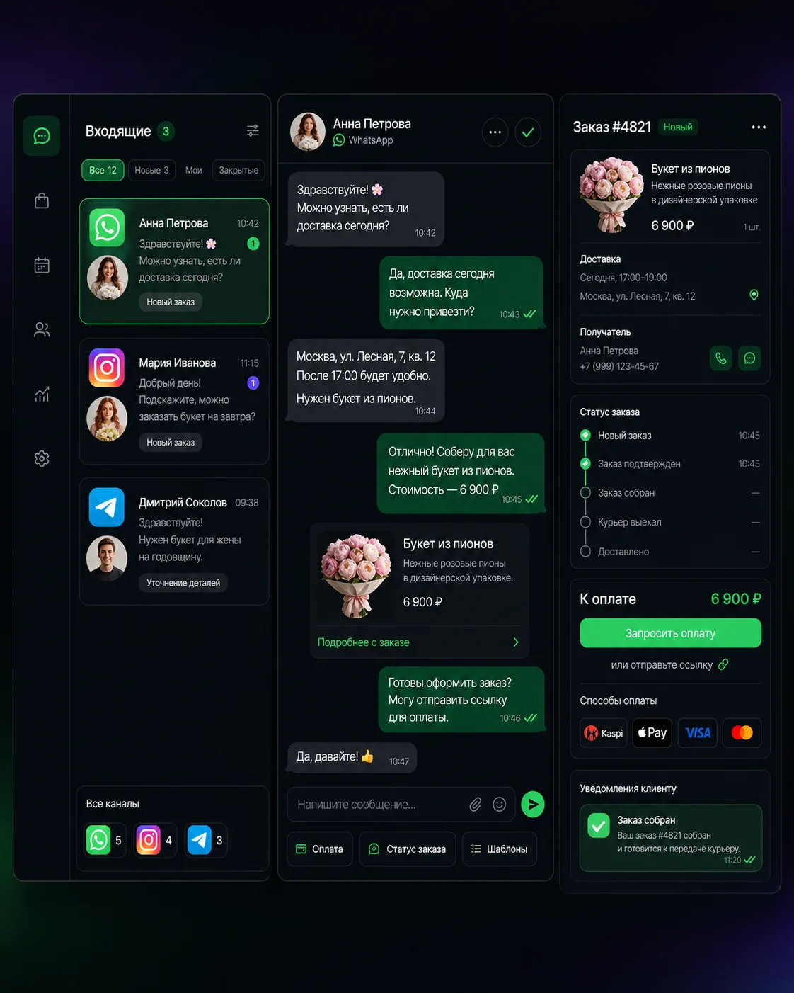 Единый inbox флориста с перепиской, заказом и оплатой